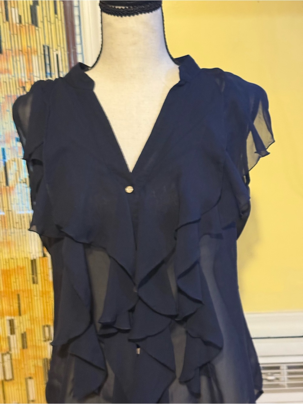 Ruffled Navy Chiffon Blouse with V-Neck